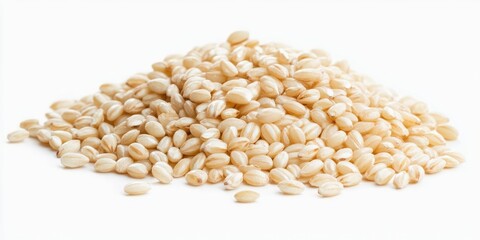 Aufkleber - Pearl barley heap displaying creamy beige texture on a clean white background emphasizing its culinary versatility and natural appeal in dishes