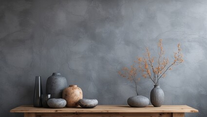 Poster - Stylish gray background with decorative vases and stones on a wooden table for contemporary interior design and project presentation.