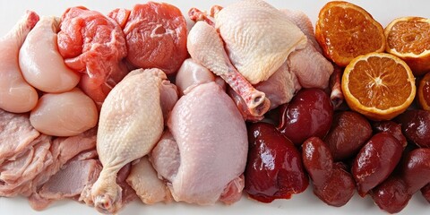 Poster - Assorted fresh raw poultry and organ meats including chicken thighs, livers, and orange halves arranged on a white background.