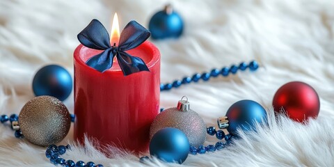 Poster - Red candle adorned with a blue bow centered on fluffy white fur, surrounded by blue and red ornaments, creating a festive holiday atmosphere.