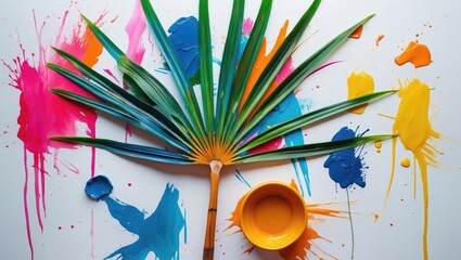 Poster - Vibrant palm leaf surrounded by colorful oil paint splashes on a white background showcasing artistic creativity and nature's beauty.
