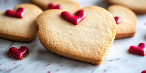 Aufkleber - Heart-shaped cookies with red icing hearts arranged on a marble surface, showcasing a light golden color and a romantic, festive atmosphere.