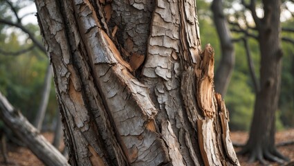 Wall Mural - textured surface of an old tree trunk with peeling bark in a forest setting showcasing natural patte