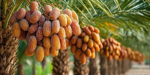 Aufkleber - Ripening dates hang in clusters on palm trees with green fronds in softly blurred background, showcasing earthy tones of orange and brown.