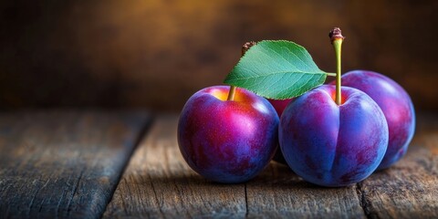 Poster - Fresh marian plums on a rustic wooden table against a warm brown backdrop showcasing vibrant purple hues with green leaves for contrast