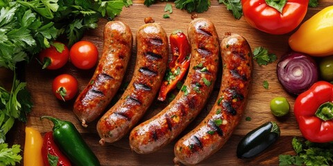 Poster - Grilled homemade cervelat sausages arranged on a wooden board surrounded by vibrant vegetables like tomatoes, bell peppers, and herbs from above