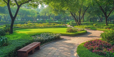Leinwandbilder - Serene park landscape featuring winding pathway adorned with vibrant flower beds and lush greenery under a bright sunny sky showcasing natural beauty