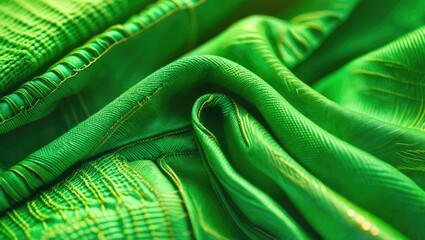 Poster - Vibrant green textile fabric with intricate textures and seams showcasing luxurious draping and detail for fashion and design applications