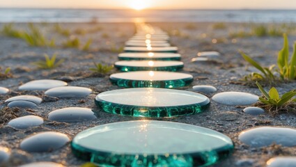 Poster - glass stepping stones leading into a tranquil sunset reflecting on sandy beach landscape with greene