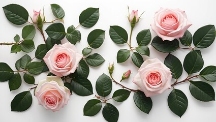 Poster - Delicate pink roses with green leaves arranged on a clean white background creating a serene floral composition.
