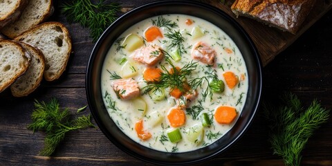 Aufkleber - Creamy salmon and vegetable soup served in a black bowl garnished with fresh dill, surrounded by slices of bread on a rustic wooden table.
