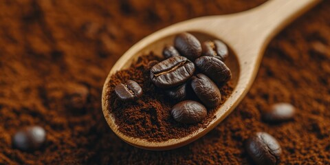Poster - Ground coffee powder and whole roasted beans on a wooden spoon with a blurred brown coffee ground background showcasing rich earthy tones.