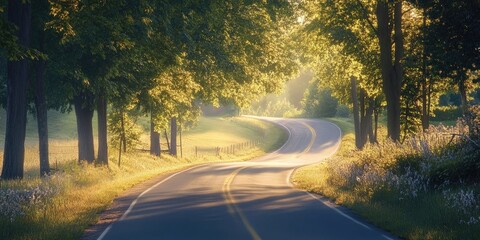 Aufkleber - Winding country road surrounded by lush green trees and soft golden sunlight casting shadows in a serene rural landscape during early morning