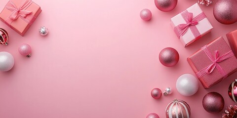 Poster - Pink background with scattered pink and white gifts adorned with bows and shiny ornaments creating a festive and cheerful holiday atmosphere.