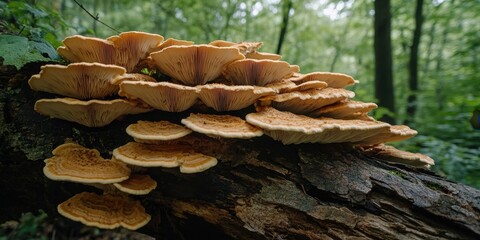 Poster - Wooden fungi growing on a decaying tree trunk, showcasing layers of orange and beige mushrooms against a lush green forest background.