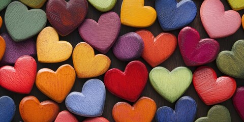 Poster - Colorful wooden hearts in various sizes, arranged in a vibrant pattern with red, pink, purple, orange, green, and yellow hues on a dark background.