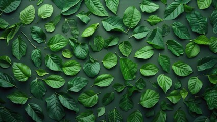 Poster - Vibrant Green Leaf Texture Background with Varied Leaf Shapes and Empty Space for Text or Design Elements in Nature Inspired Theme