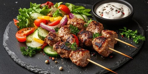 Poster - Grilled meat skewers arranged on a dark slate plate with a vibrant vegetable salad including tomatoes, cucumber, and a creamy dipping sauce.