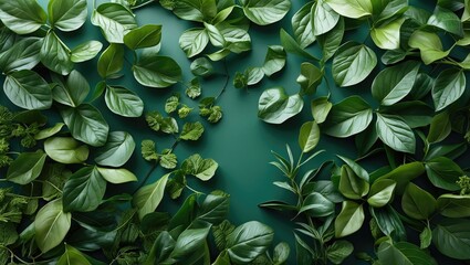 Poster - Lush assortment of green leaves arranged artistically on a deep green background for nature and botanical themes.