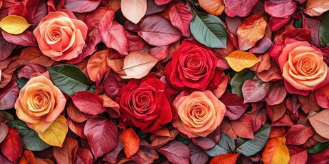 Aufkleber - Vibrant roses in shades of red and peach surrounded by colorful autumn leaves with ample copy space for text placement on a flat layout