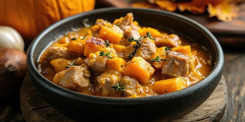 Aufkleber - Hearty meat and squash stew in a rustic black bowl with thyme garnish on a wooden table surrounded by autumn decor and pumpkins.