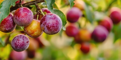 Aufkleber - Ripe plums in vibrant shades of purple and yellow hang from lush green branches with blurred background showcasing healthy fruit trees in autumn.