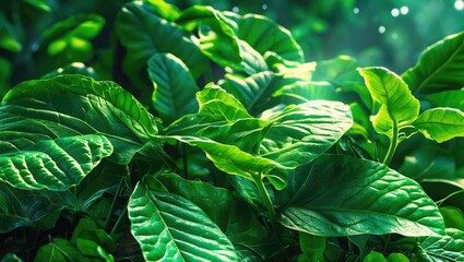 Poster - Lush green Pho leaf texture with vibrant light highlighting the intricate details and rich foliage of the plant in natural setting.