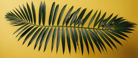 Poster - Tropical Palm Leaf on Vibrant Yellow Background Minimalist Summer Flat Lay Close Up with Copy Space for Creative Designs and Themes