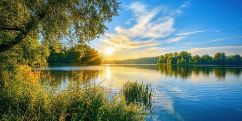 Aufkleber - Tranquil lakeside scene at sunset with vibrant blue sky and golden sunlight reflecting on calm waters surrounded by lush green trees and tall grass