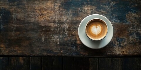 Poster - Top view of a heart-patterned coffee cup on a rustic wooden table with dark brown and blue hues creating a cozy atmosphere.