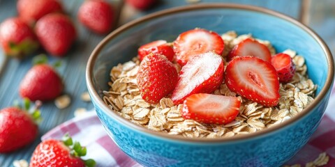 Poster - Bowl of oat flakes topped with fresh strawberries on a wooden table with scattered strawberries in the background showcasing vibrant healthy food choices