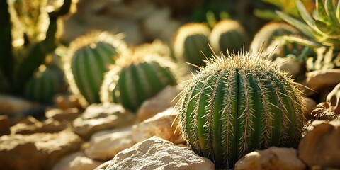 Aufkleber - Cacti arrangement in natural light surrounded by textured stones showcasing green spines and earthy colors in a desert landscape setting.
