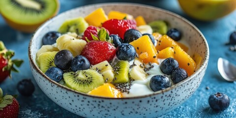 Aufkleber - Colorful fruit salad in a speckled bowl featuring ripe strawberries, blueberries, kiwi, and mango with chia seeds on a blue textured background.