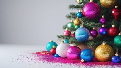 Poster - Glittering Christmas tree ornaments in vibrant colors adorn a festive tree creating a cheerful holiday atmosphere on a white background.