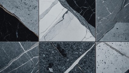 Poster - Granite stone tile texture assortment featuring grey, white, and black patterns ideal for interior design and architecture projects.