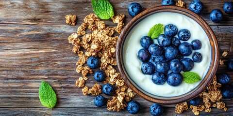 Poster - Healthy bowl of yogurt topped with fresh blueberries and granola on a rustic wooden table with mint leaves scattered for garnish