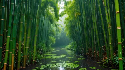 Poster - serene bamboo forest landscape with lush greenery and tranquil water lilies under gentle rain ambian
