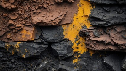Poster - Textured background of layered clay and stone with brown, yellow, and black hues creating an industrial and earthy aesthetic for design projects.