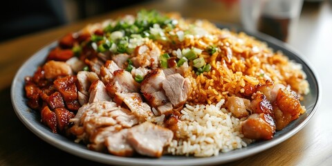Aufkleber - Colorful plate of mixed Chinese rice and meat featuring white rice, fried rice, and diced chicken served indoors with green onions on top