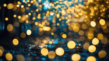 Poster - Illuminated gold bokeh light background with blue tones creating a serene and captivating atmosphere in a blurred setting.