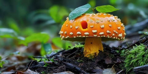 Poster - Vibrant orange jack o' lantern mushroom stands tall on the forest floor with a lush green leaf sprouting from its top surrounded by soft moss.