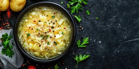 Aufkleber - Homemade cabbage and potato soup in a black bowl from above on dark textured surface with fresh parsley, scattered spices, and ample copy space