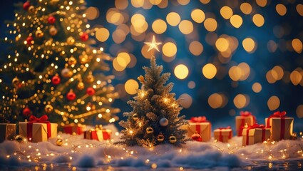 Poster - Festive golden bokeh background with decorated Christmas trees and wrapped gifts creating a warm holiday atmosphere.