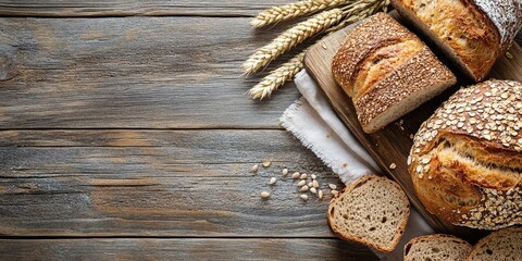 Poster - Freshly baked artisan bread loaves with crusty tops arranged on rustic wooden board, complemented by wheat stalks and scattered grains on the side.