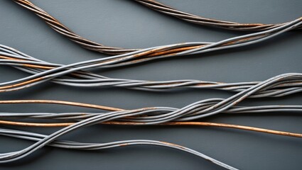 Poster - Abstract composition of intertwined gray and copper wires on a textured gray background showcasing industrial materials and design elements.