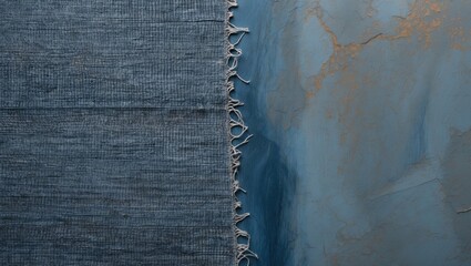 Poster - Textured gray-blue background with textile and abstract paint elements contrasting for artistic and design purposes