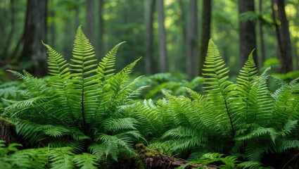 Poster - Lush green ferns thriving in a tranquil forest setting highlighting nature's beauty and serenity.