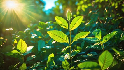 Poster - Vibrant green leaves illuminated by sunlight creating a serene natural atmosphere in a lush garden setting