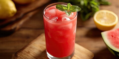 Poster - Refreshing watermelon lemonade in a tall glass with ice, garnished with mint, set on a wooden surface, with lemon and watermelon slices in the background.