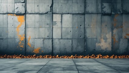 Poster - Industrial gray concrete wall with grunge texture and orange accents for use as an abstract background in design and architecture projects.